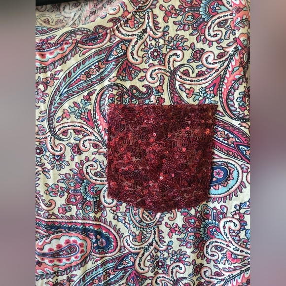 Small Paisley Red and Blue Graphic Short Sleeve T-Shirt With Sequin Pocket - Picture 2 of 4